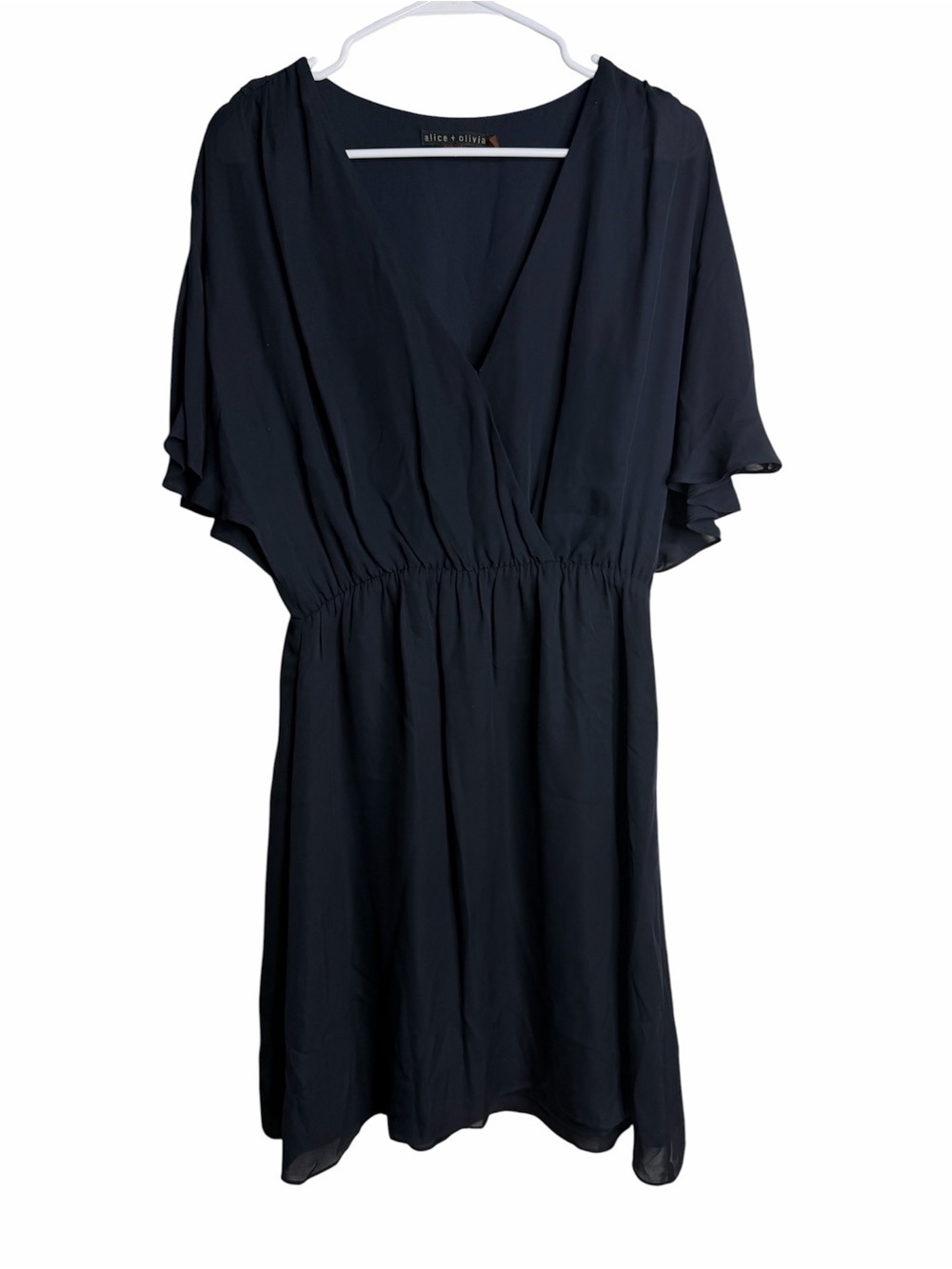 Alice & Olivia Silk Navy Flutter Sleeve Mini Dress – V‑Neck Fit & Flare Medium